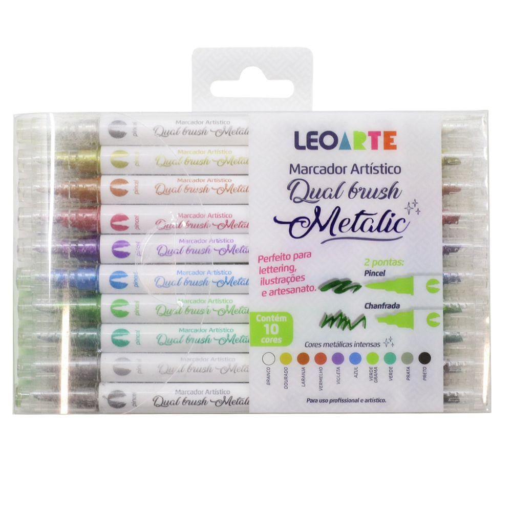 Marcador Artistico Dual Brush Metalico 10 Cores Leoarte