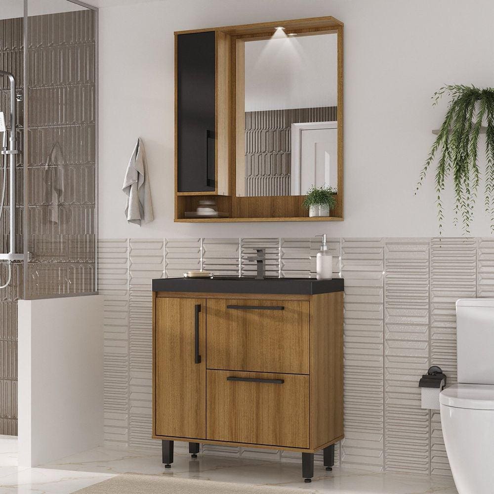 Gabinete para Banheiro 2 Gavetas 1 Porta com Espelheira 1 Porta Eleganza Lamina Mel / Preto