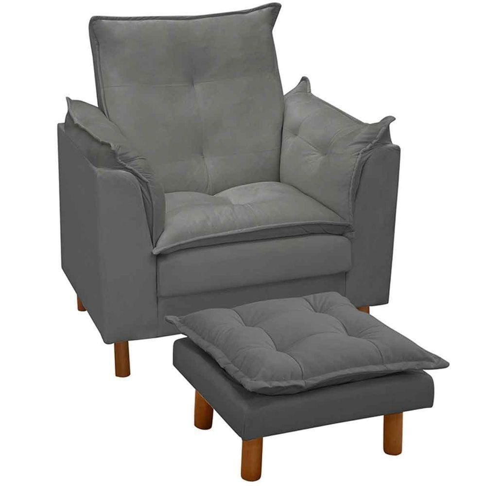 Poltrona De Amamentação Com Puff Veludo Cinza - Casa Chick