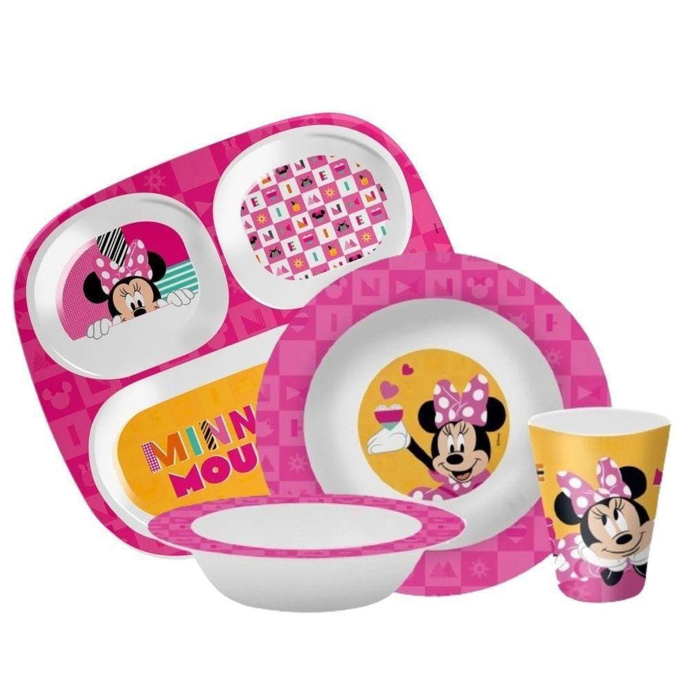 Kit Refeição Infantil Minnie Disney 4 Peças Prato Divisória, Tigela E Copo Melamina - Tuut