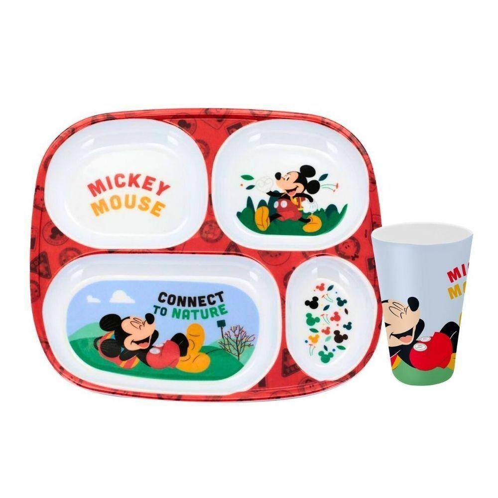 Kit Prato Refeição Infantil 4 Divisórias E Copo Melamina Mickey Mouse Disney - Tuut
