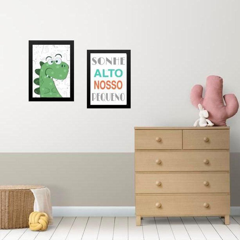 Kit 2 Quadros Infantis Sonhe Alto - Dinossauro 45X34Cm - Com Vidro