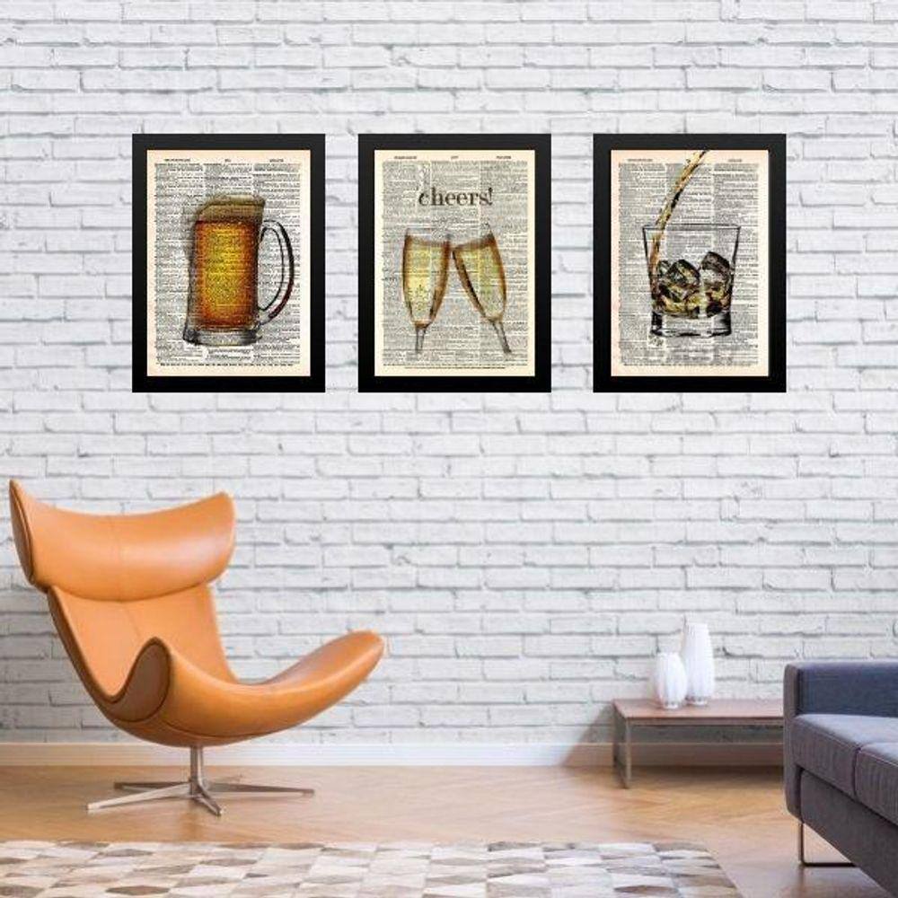 Kit 3 Quadros Vintage Bar Bebida 45X34Cm - Com Vidro
