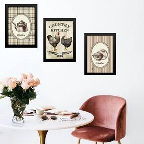 Kit 3 Quadros Cozinha Country Kitchen 33X24Cm - Com Vidro