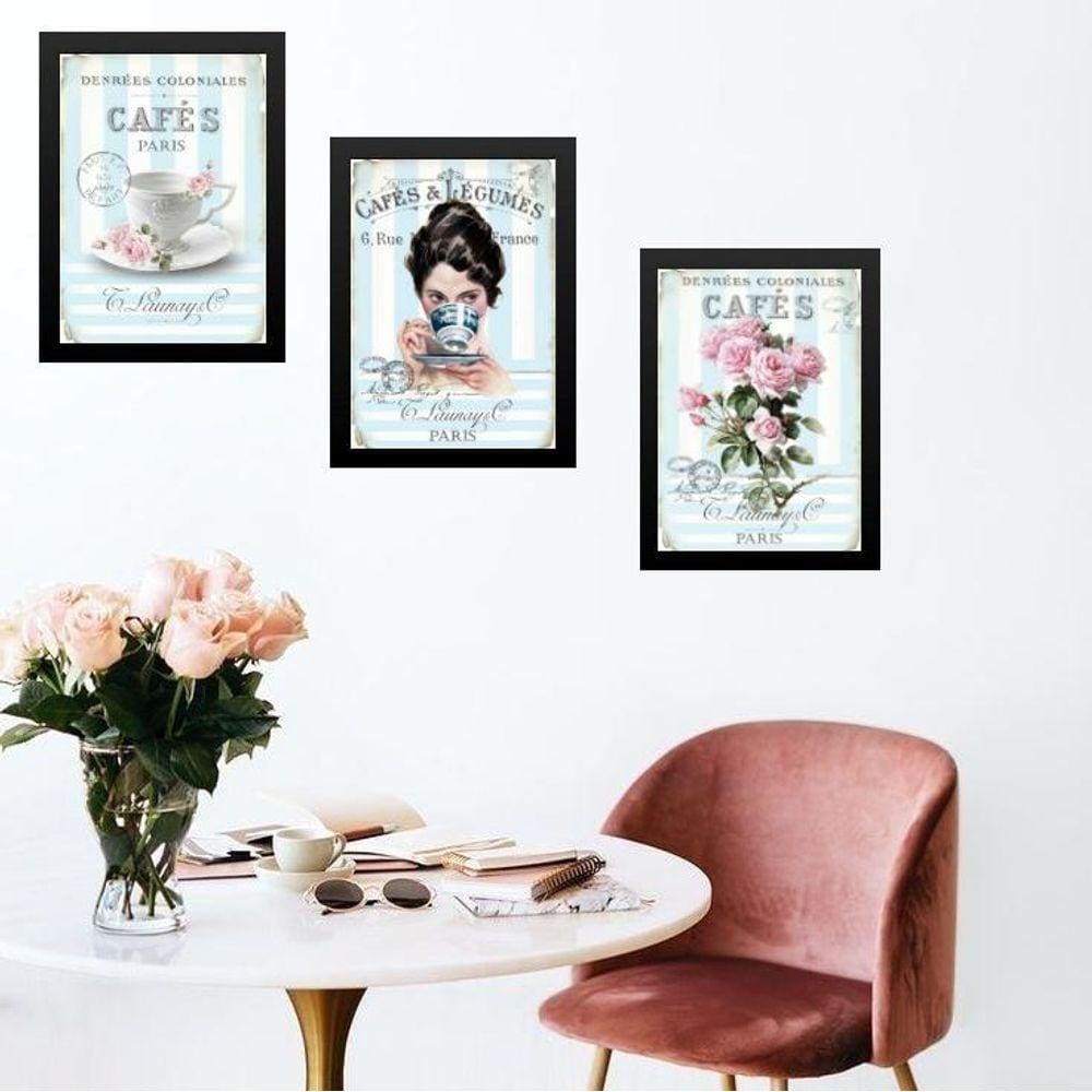 Kit 3 Quadros Cozinha Azul E Rosa Café De Paris 24X18Cm