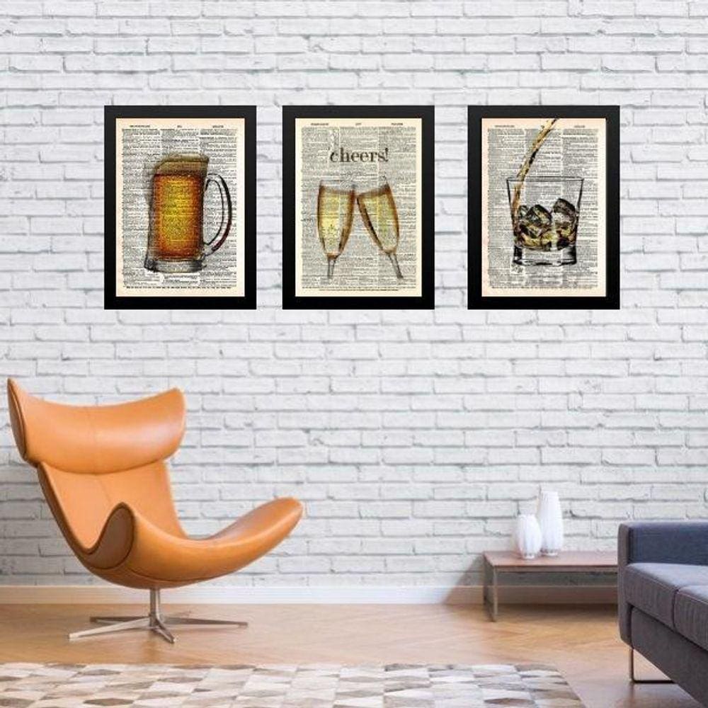Kit 3 Quadros Vintage Bar Bebida 33X24Cm - Com Vidro