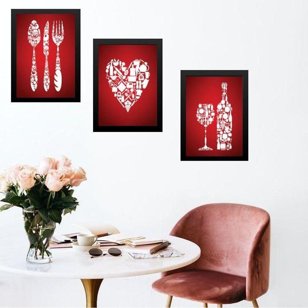 Kit 3 Quadros Para Cozinha Vermelha 45X34Cm
