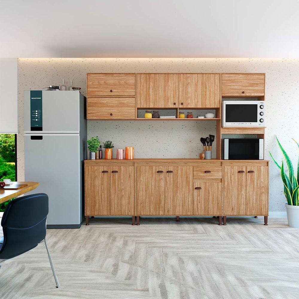 Cozinha Completa 253 Cm Modulada com Puxador Concha cor Mel Torino Móvel Bento