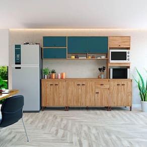 Armário de Cozinha Modulado 253 Cm com Puxador Concha cor Mel/Petróleo Torino Móvel Bento