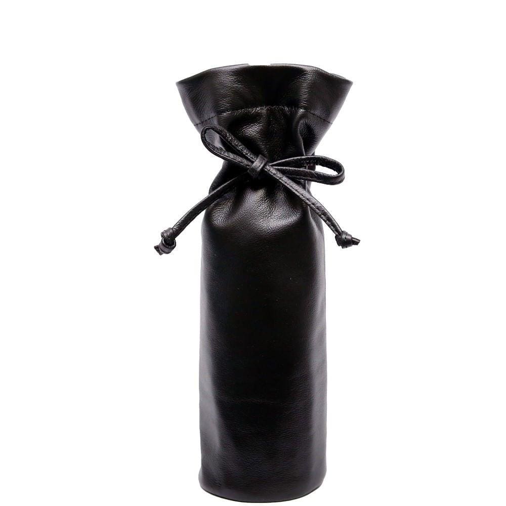 Saco de Couro Preto Para Garrafa de Vinho Com Manta Termica e Cordao