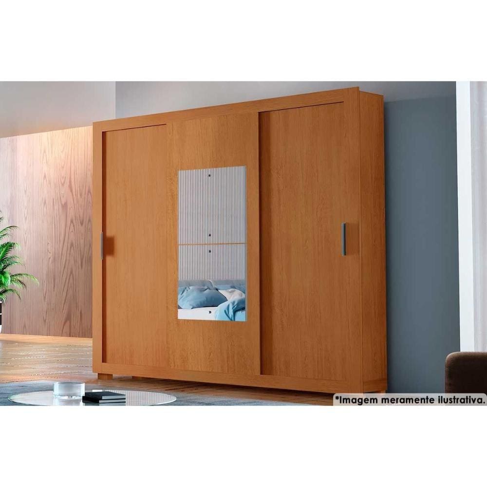 Guarda Roupa Casal 3 Portas de Correr e 4 Gavetas c/ Espelho e Pés Veneza Premium Naturale - Rufato