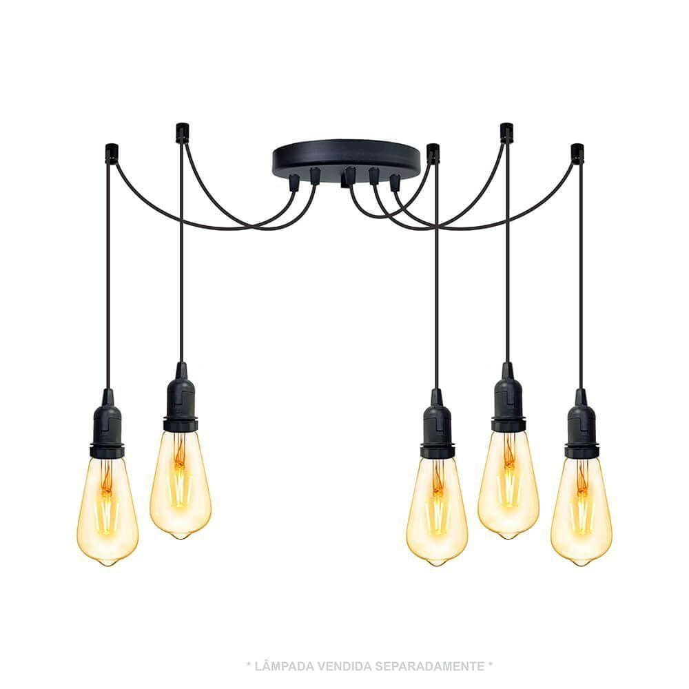 Lustre Aranha Com 5 Pendentes (2m Cabo Preto + Soquetes + Canopla)