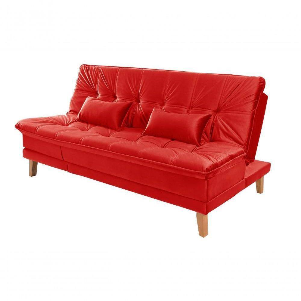 Sofá Cama Berlim 3 Lugares Império Reclinável Casal Pés Madeira Com Banqueta Suede Vermelho 373