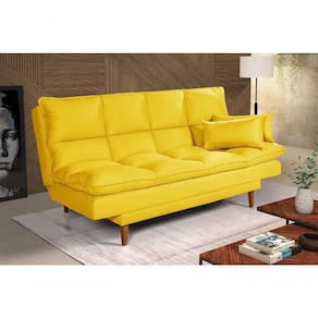 Sofá Cama Andorra 3 Lugares Império Reclinável Casal Pés Madeira Suede Amarelo 374