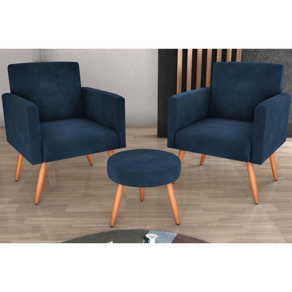 Kit 2 Poltronas + Puff Dallas Veludo Azul E433 - Matrix