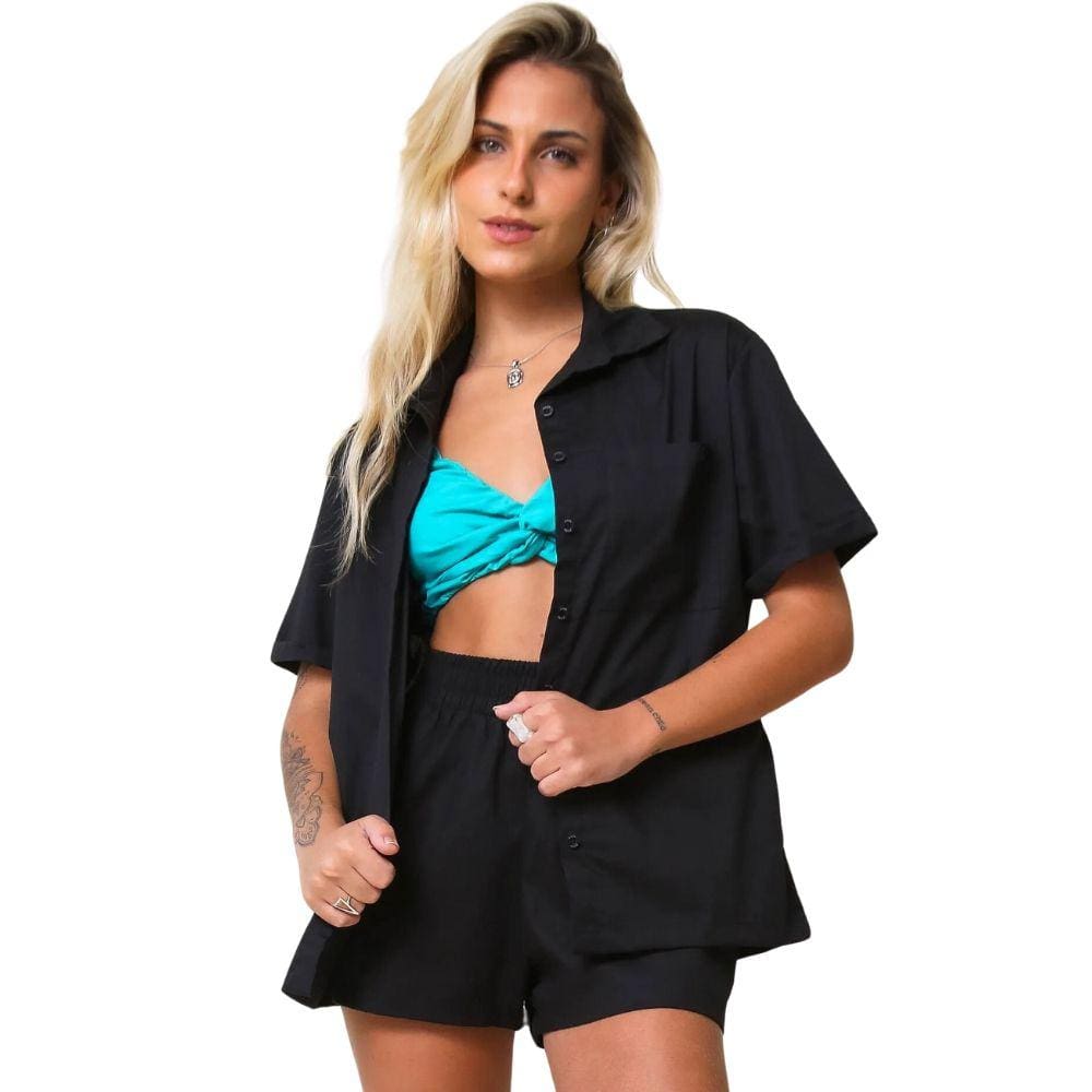 Camisa Feminina Alongada Iris Riu Kiu Preta 10754