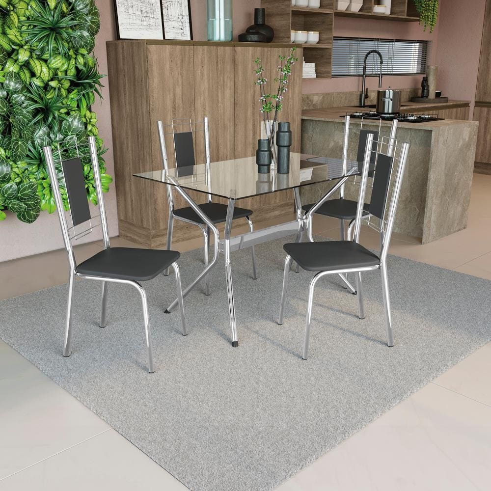 Conjunto Mesa Loire Tampo De Vidro Incolor 4 Cad Cromada/PT