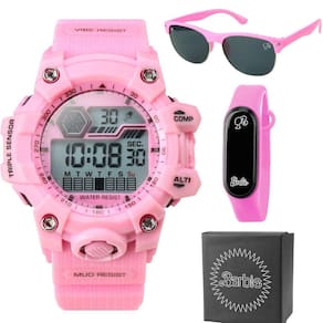 Relogio digital prova dagua infantil + caixa + oculos sol rosa menina cronometro alarme