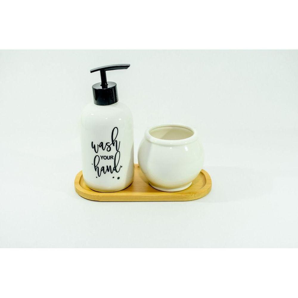 Kit de Banheiro em Porcelana Preto 3 Peças Bambu Wash Your Hand Amigold