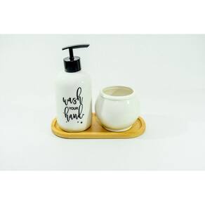 Kit de Banheiro em Porcelana Preto 3 Peças Bambu Wash Your Hand Amigold