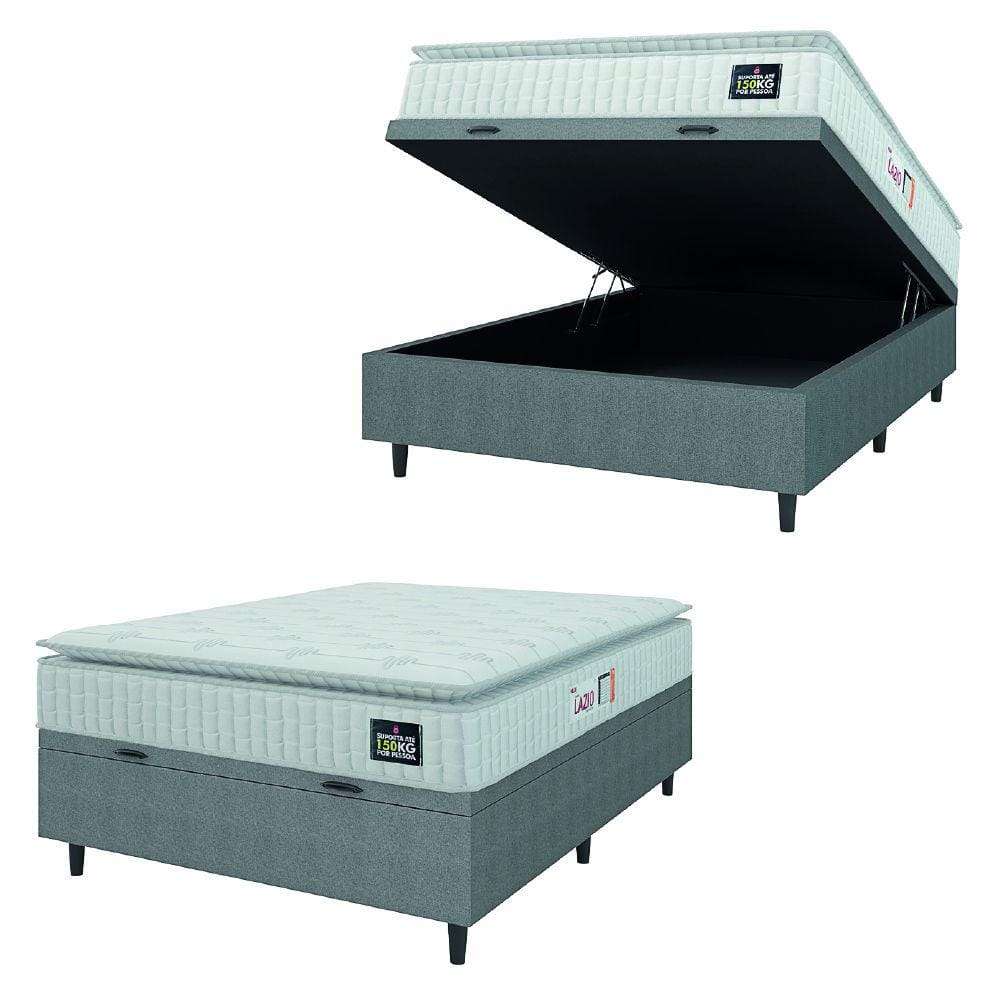 Cama Box Baú Colchão Casal Espuma D45 Lazio Pillow Top 138x188x70cm Branco / Cinza Hellen - Suporta até 120kg por Pessoa