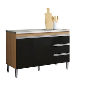 Balcão Armário de Cozinha Andréia 120cm Amedoa/Preto S/ Tampo - AJL Móveis