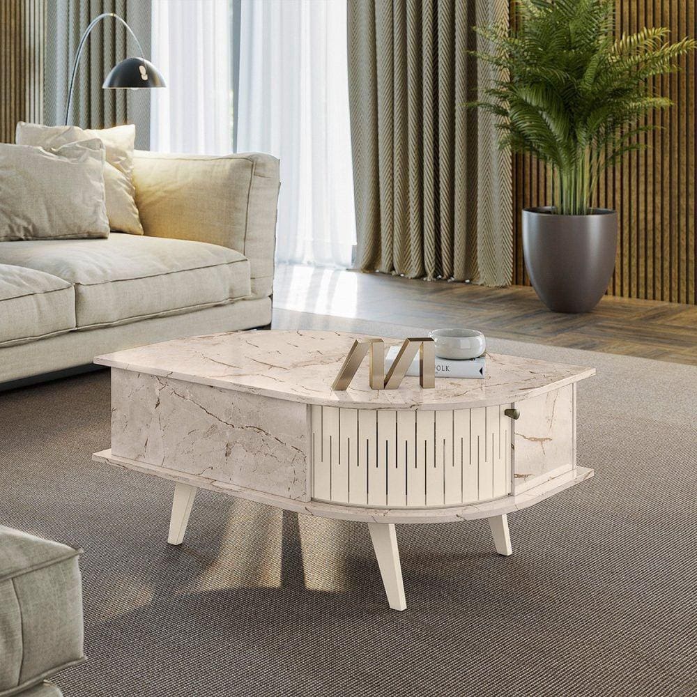 Mesa de Centro Oval 2 Portas de Correr Indianapolis Calacata/Off White