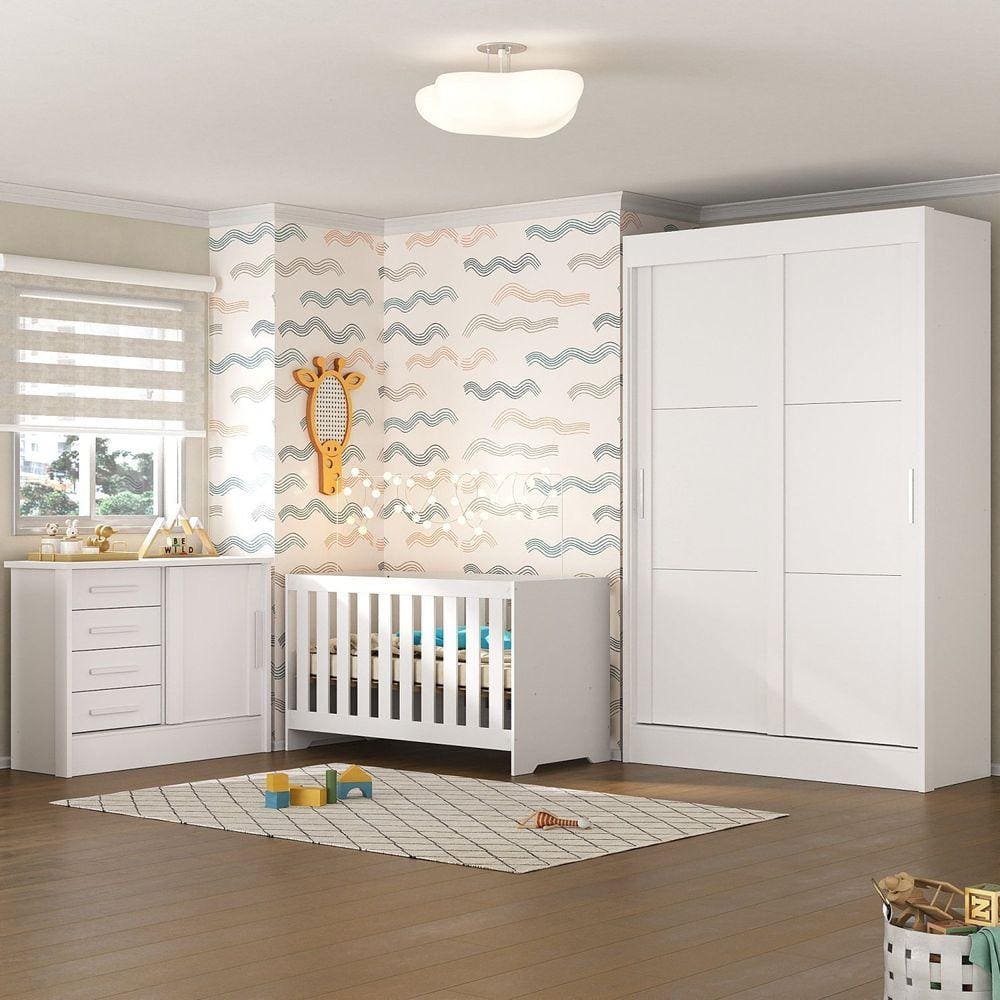 Quarto de Bebê Completo Guarda Roupa 2 Portas 2 Gavetas com Cômoda e Berço Maya Espresso Móveis Branco