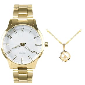 Relogio feminino banhado aço prova dagua + colar ponto luz social presente qualidade premium casual