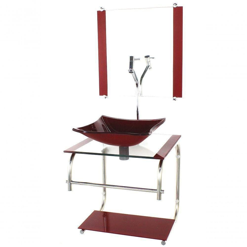 Gabinete De Vidro Para Banheiro 40cm Inox Cuba Quadrada Com Sifao E Torneira Metal Cor:vermelho Cereja