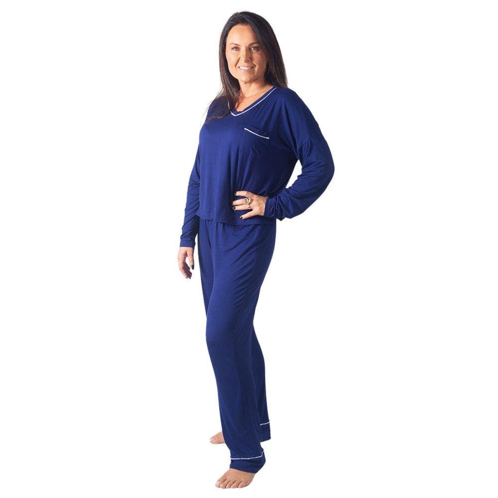 Pijama Longo Frio Inverno Dormir Confortavel Azul Com Viés