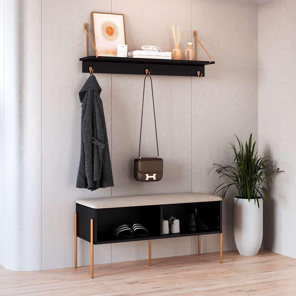 conjunto de banco sapateira com prateleira oslo nero e dourado