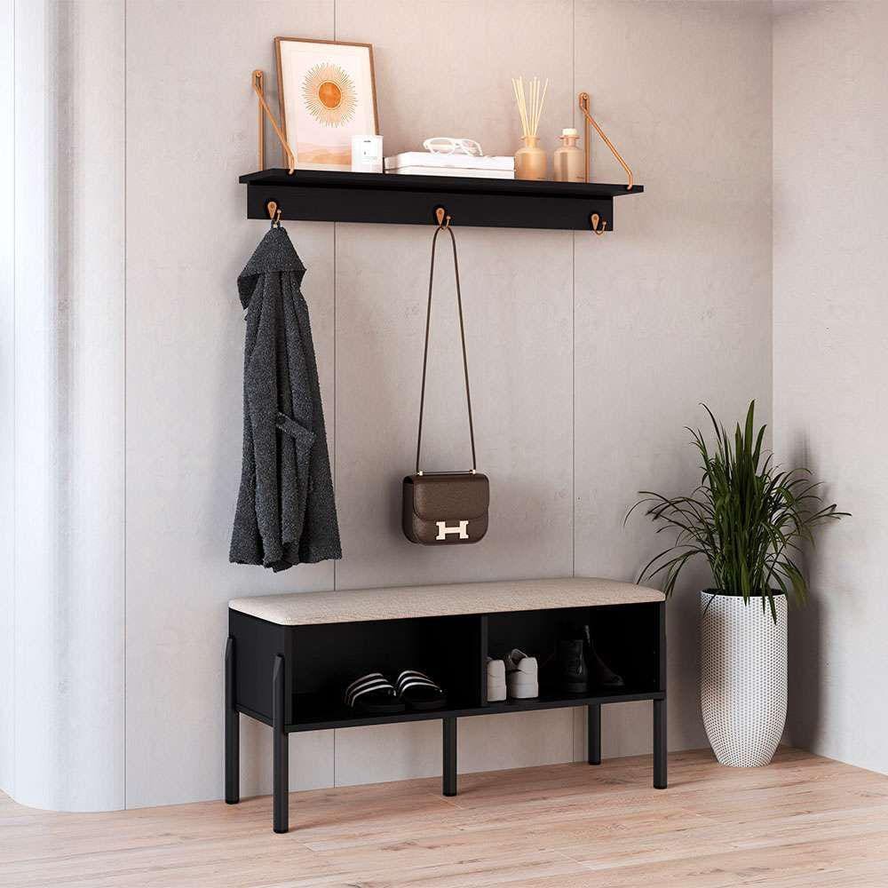 conjunto de banco sapateira com prateleira oslo nero e preto