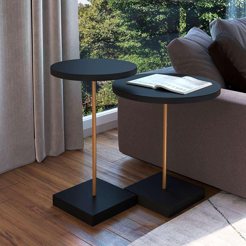 conjunto de mesas laterais redondas complementos nero e dourada