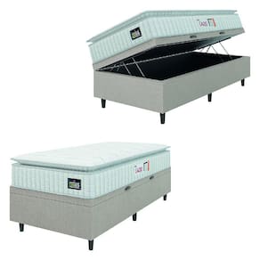 Cama Box Baú Colchão Solteiro Espuma D45 Lazio Pillow Top 88x188x70cm Branco / Bege Hellen - Suporta até 120kg por Pessoa