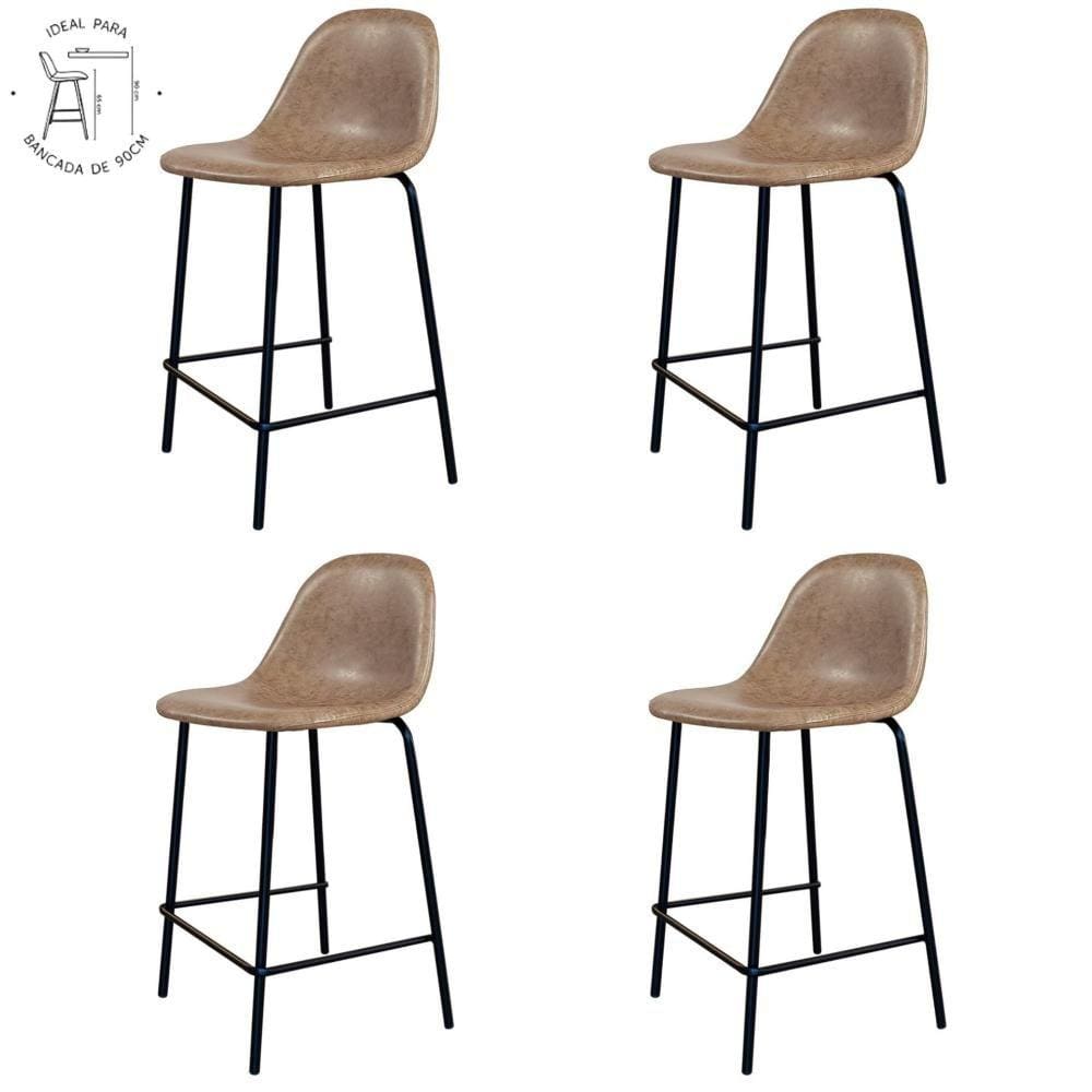 Kit 4 Banquetas Baixas Tânia Rivattis 95 Cm (Altura) Em Poliuretano Marrom Vintage Base Aço Preto