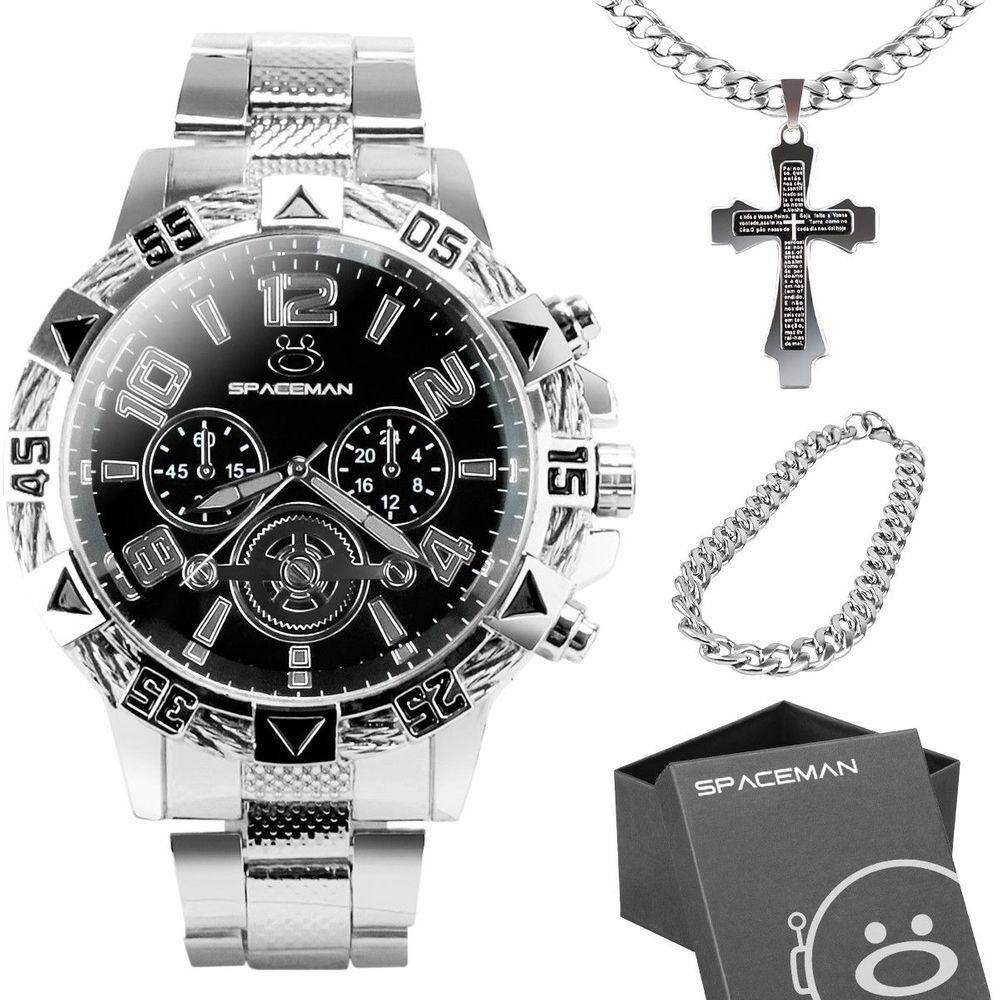 Relogio masculino aço inox + caixa + corrente orizom social analogico preto casual