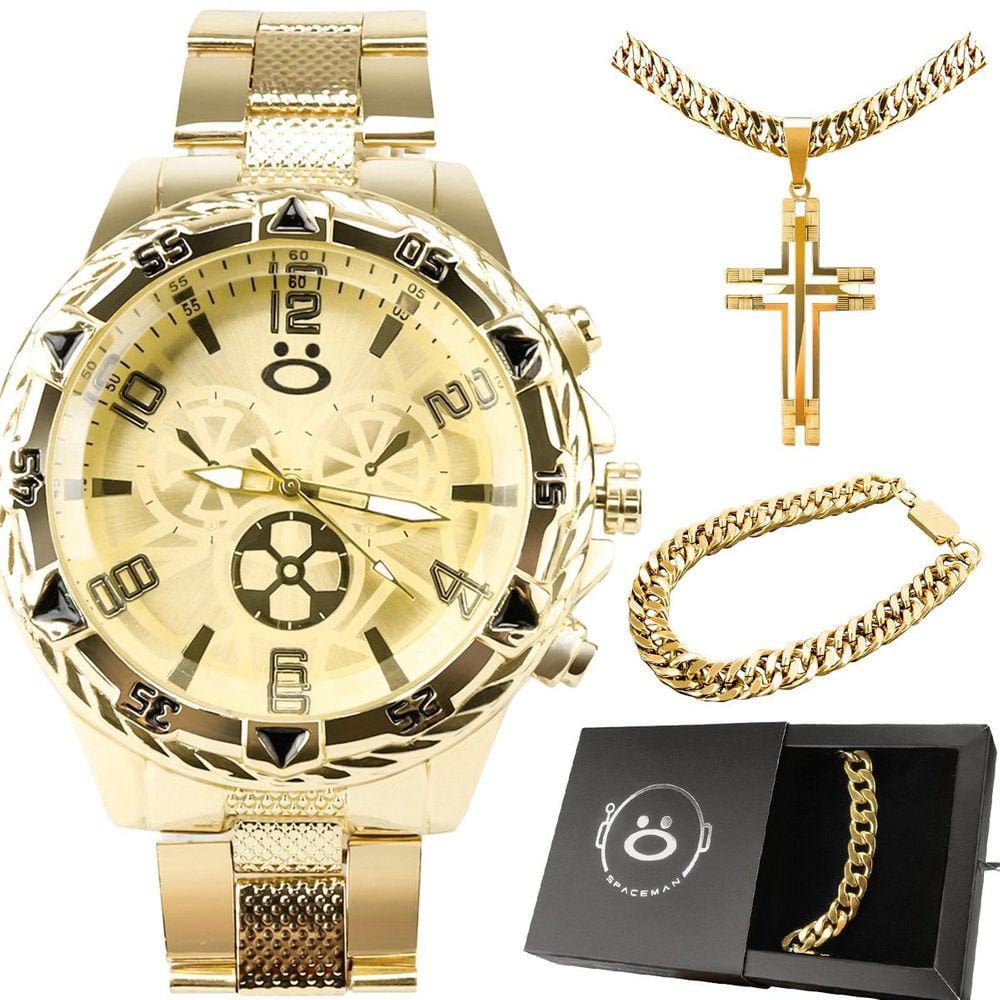 Relogio masculino banhado dourado + pulseira + caixa analogico social orizom