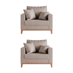 Kit 2 Poltronas Beny Decorativa Com 2 Almofadas Linho Bege Base Em Madeira Maciça - Cor: Bege