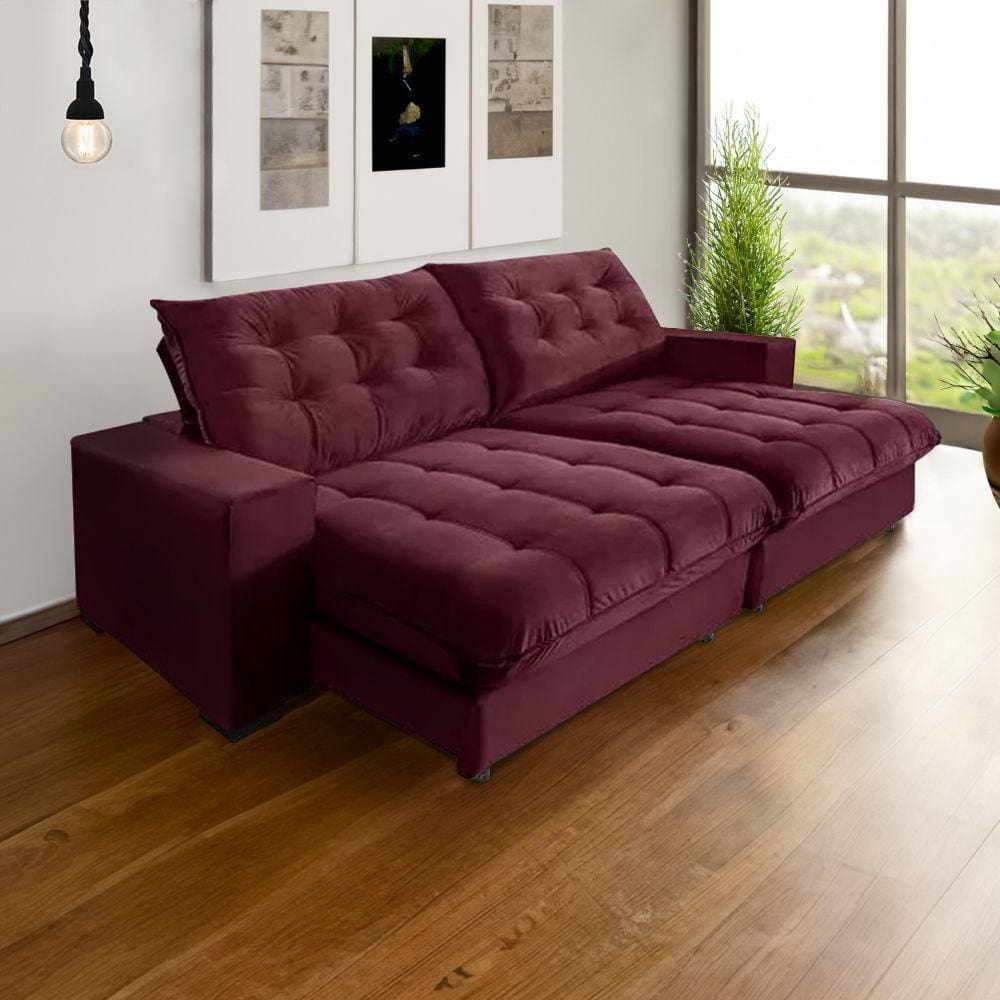 Sofá Califórnia Retrátil E Reclinável 5 Lugares 2,70m Com Molas Ensacadas E Pillow Vinho - Cor: Roxo