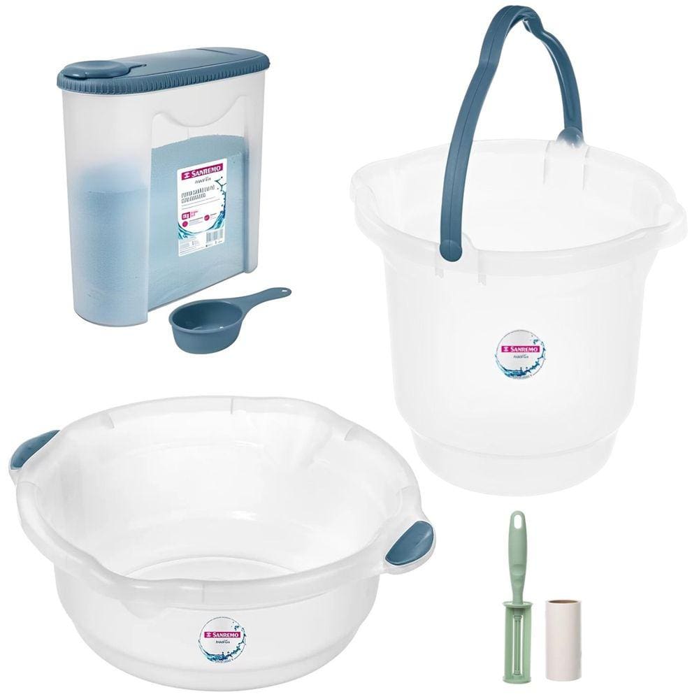 Kit Balde Plástico 12L Bacia Para Limpeza Casa Lavandeira Porta Sabão Com Dosador Rolo Adesivo - Sanremo