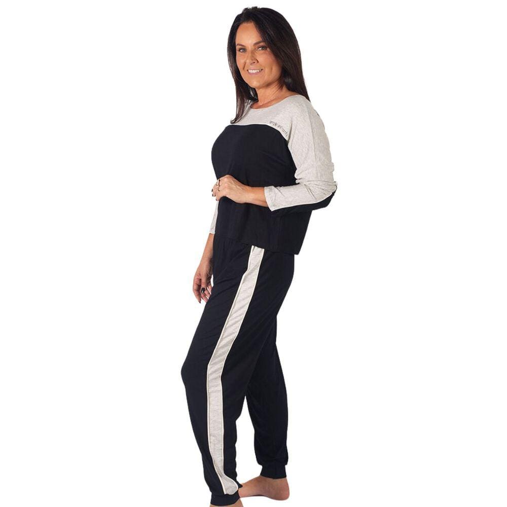 Pijama Adulto Manga Longa Frio Inverno Preto Listra Mescla