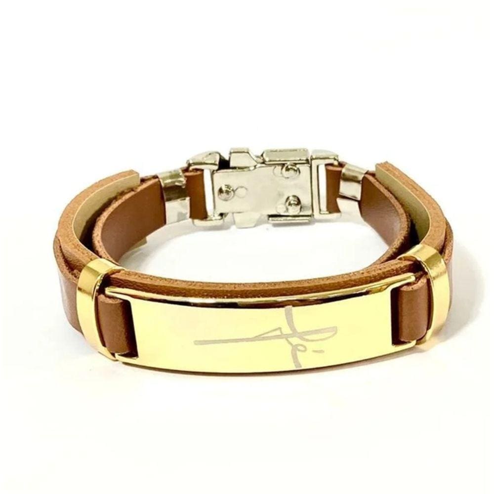 Pulseira Bracelete Masculino Feminino Couro Sintético Ajustável Fé Placa Aço Inox Religiosa Dourado Preto