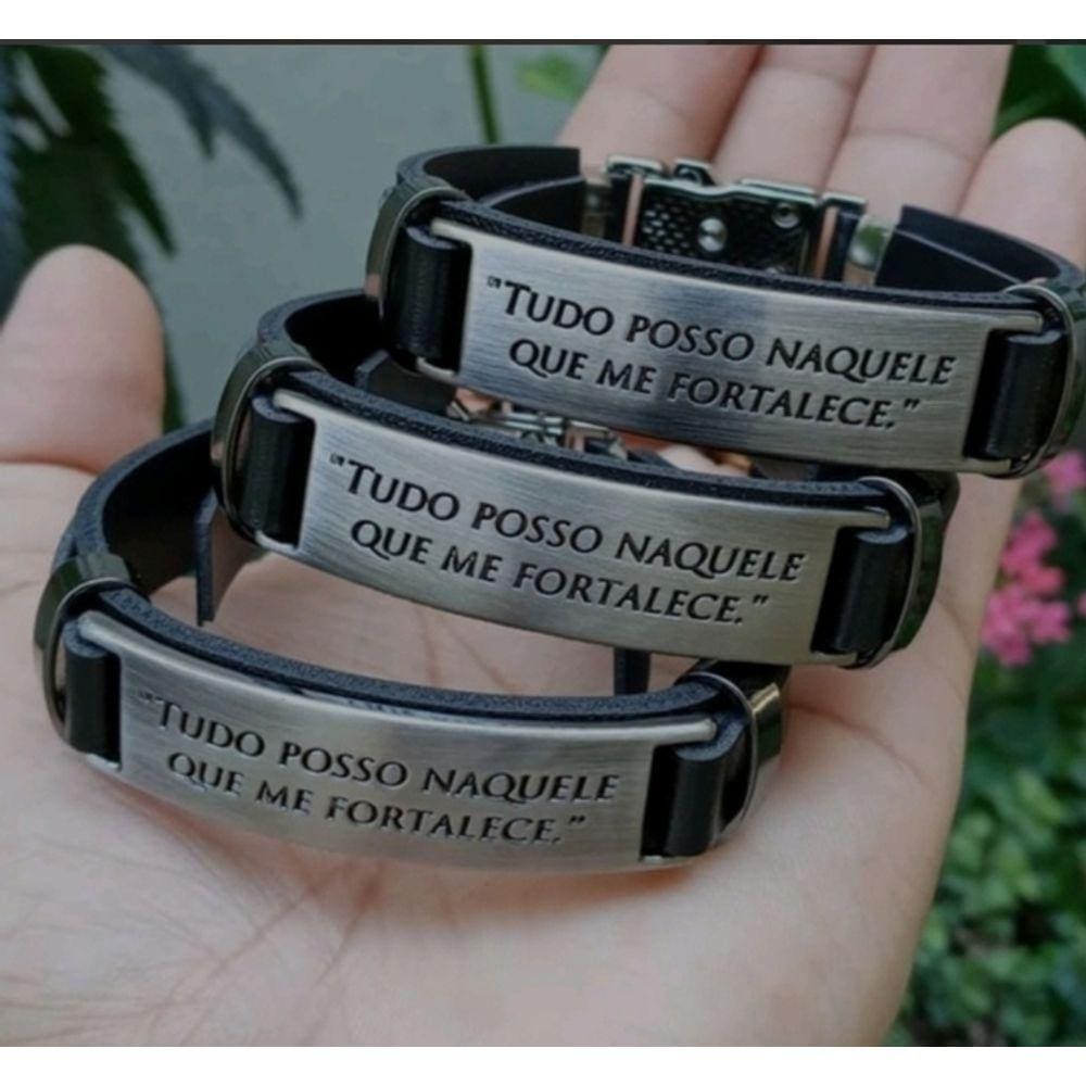 Pulseira Bracelete Masculino Feminino Couro Sintético Ajustável Placa Inox Tudo Posso Naquele me Fortalece Caramelo
