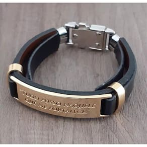 Pulseira Bracelete Masculino Feminino Couro Sintético Ajustável Placa Inox Tudo Posso Naquele me Fortalece Caramelo