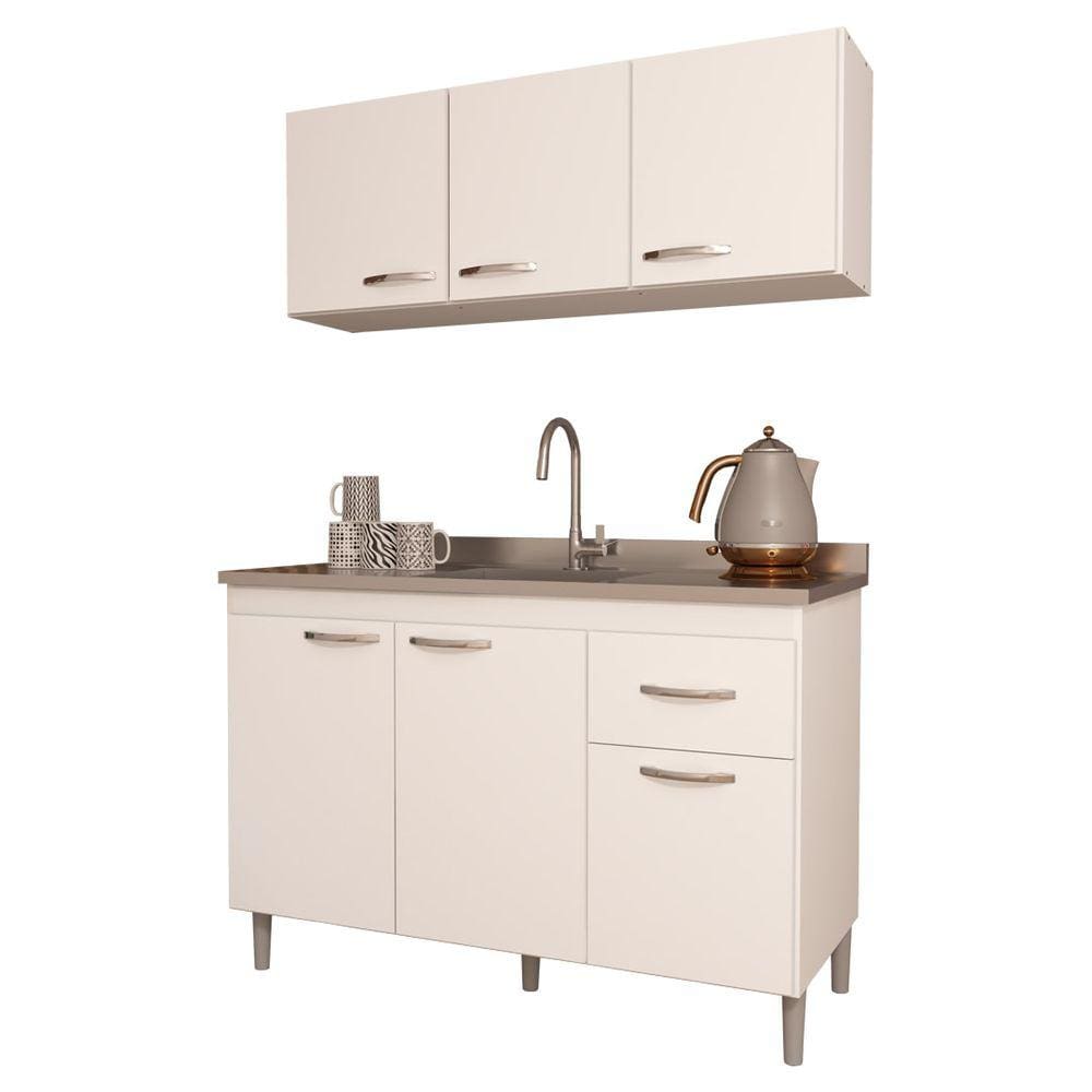 Cozinha Plus 1,20 Armário Aéreo e Gabinete Balcão de Pia Branco