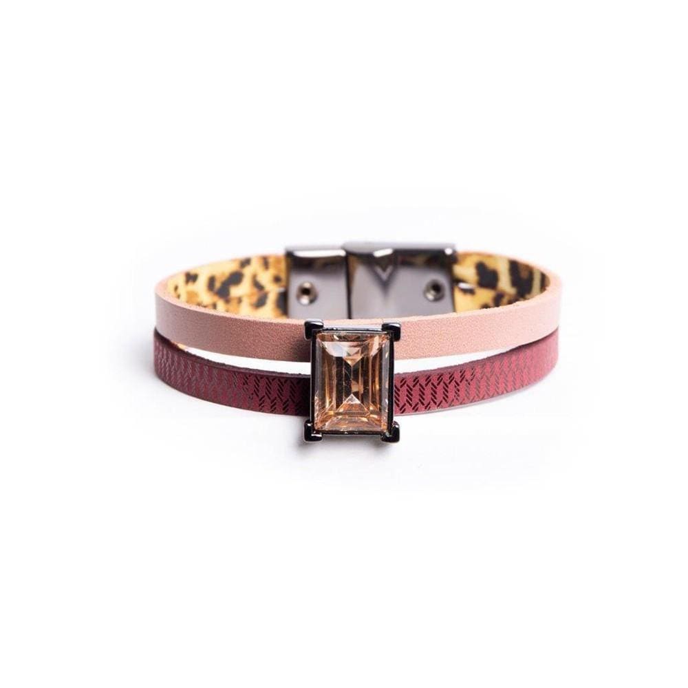 Pulseira Armazem Rr Bijoux Couro Rose E Vinho Cristal