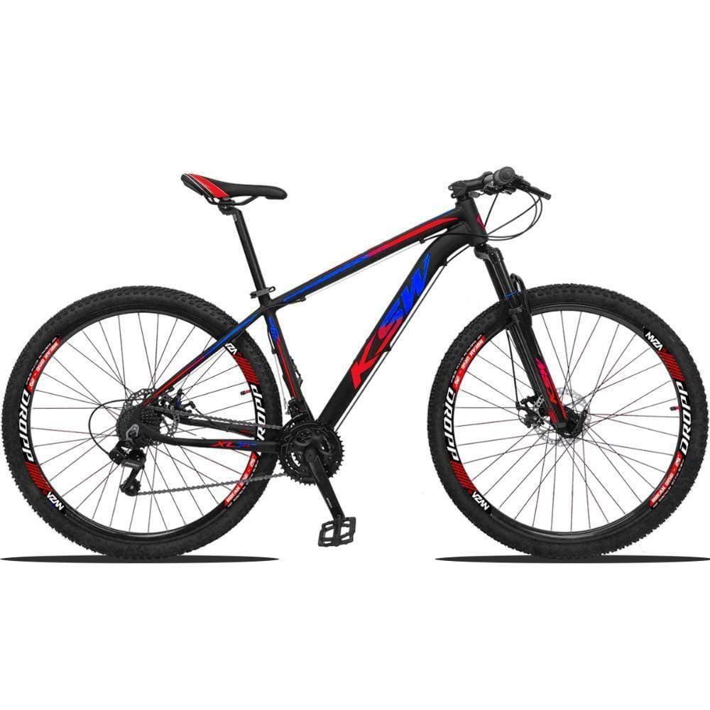 Bicicleta Aro 29 Ksw 24 Marchas Freios A Disco C-trava E K7 - 15" Preto-Azul E Vermelho