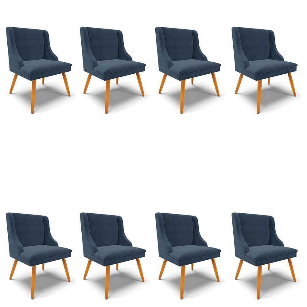 Kit 8 Cadeiras Estofadas Para Sala De Jantar Pés Palito Lia Suede Azul Marinho - Ibiza