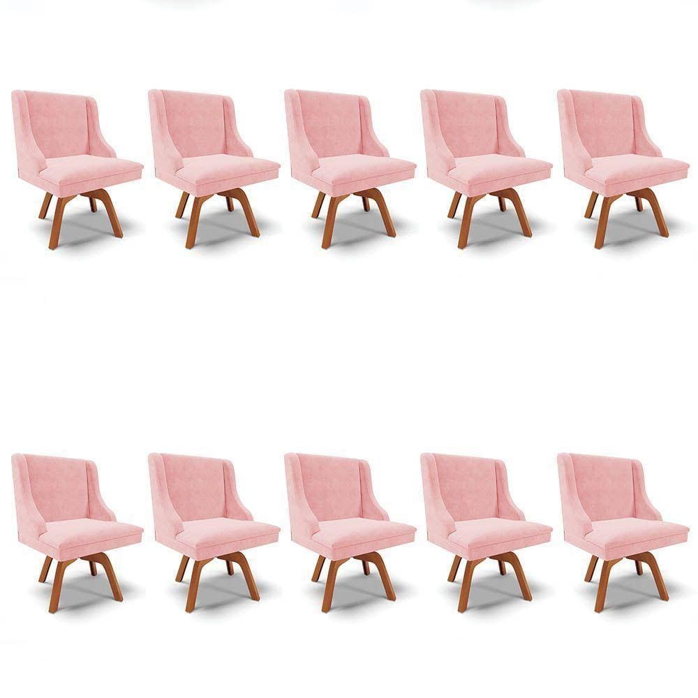 Kit 10 Cadeiras Estofadas Base Giratória De Madeira Lia Suede Rosa Bebê - Ibiza